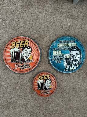 Lot of 3 Retro Beer Bottle Cap Style Metal Wall Signs Man Cave Decor